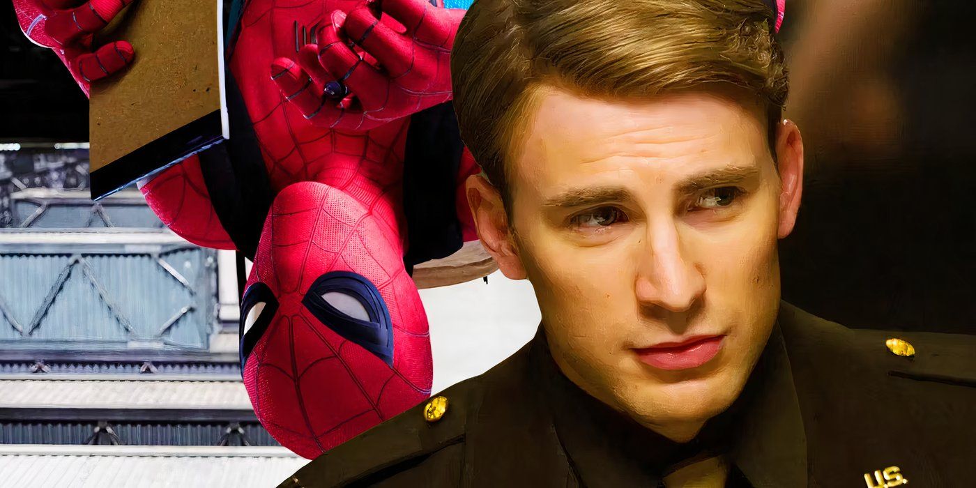 Split image of Steve Rogers looking suave and spider-man hanging upside down in the MCU