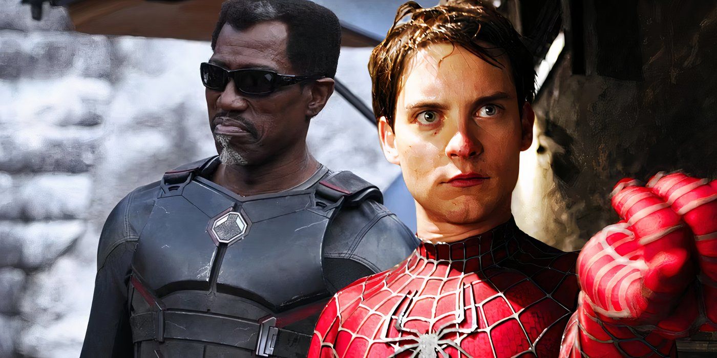 Split image of Wesley Snipes as Blade in Deadpool &amp; Wolverine and Tobey Maguire as Spider-Man using his webbing