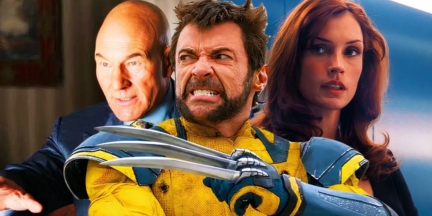 Split image of Wolverine snarling in Deadpool & Wolverine in front of Professor X and Jean Grey in the Fox X-Men movies