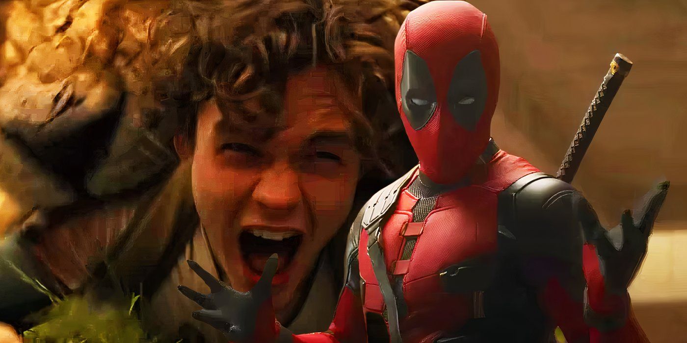 Split image of young Kraven the Hunter crying with Deadpool with his arms wide