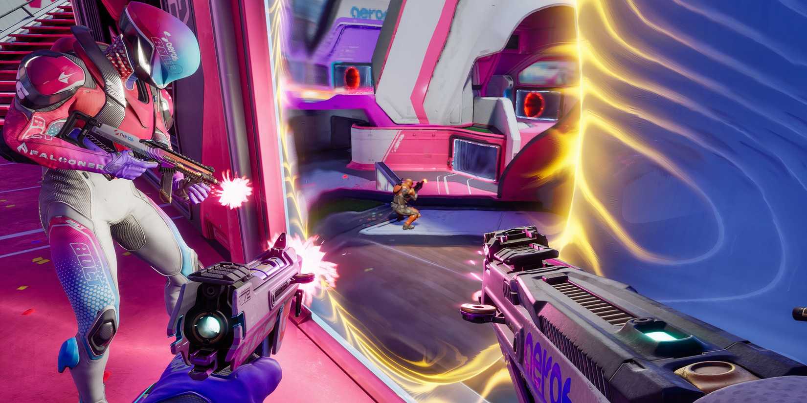 Splitgate 2 gameplay on Stage Zenith shows player Duel Wielding machine guns next to a teammate as they looking through a portal that has a crouching enemy on the other side.