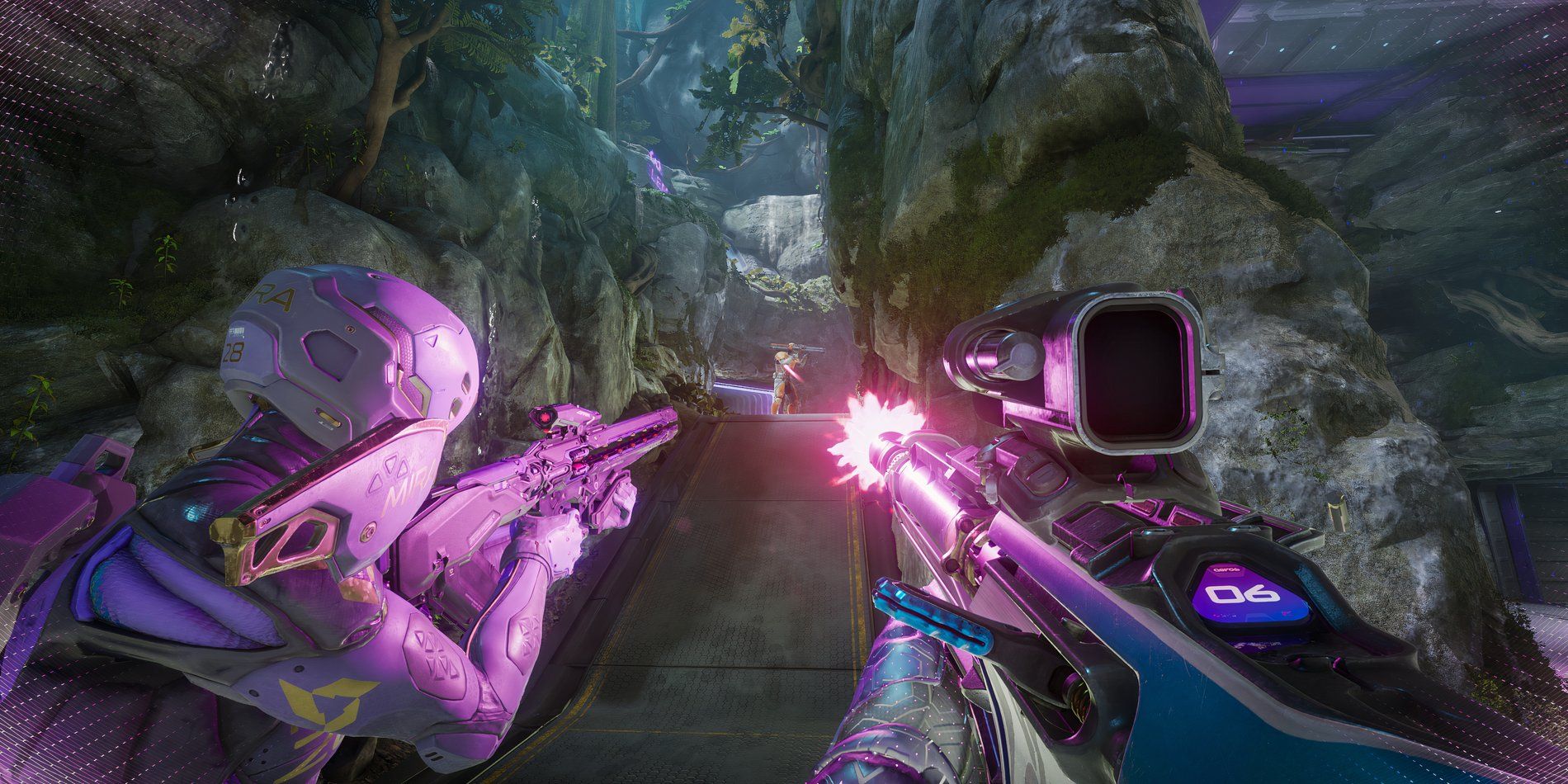 Splitgate 2 Stage Zenith gameplay shows player and a teammate Shooting Assult Rifles towards an enemy standing in a forest area of the level.