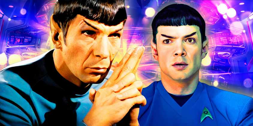 Spock Ethan Peck in Strange New Worlds and Spock (Leonard Nimoy) in Star Trek: The Original Series.