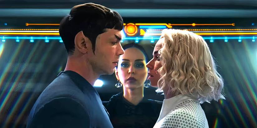 Spock and Nurse Chapel face each other as T'Pring looks on in Star Trek: Strange New Worlds