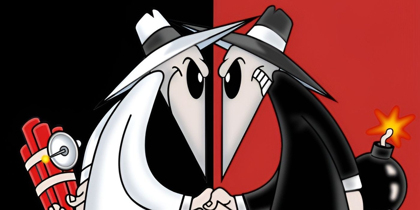 Preto e branco apertam as mãos enquanto escondem armas um do outro em Spy vs Spy