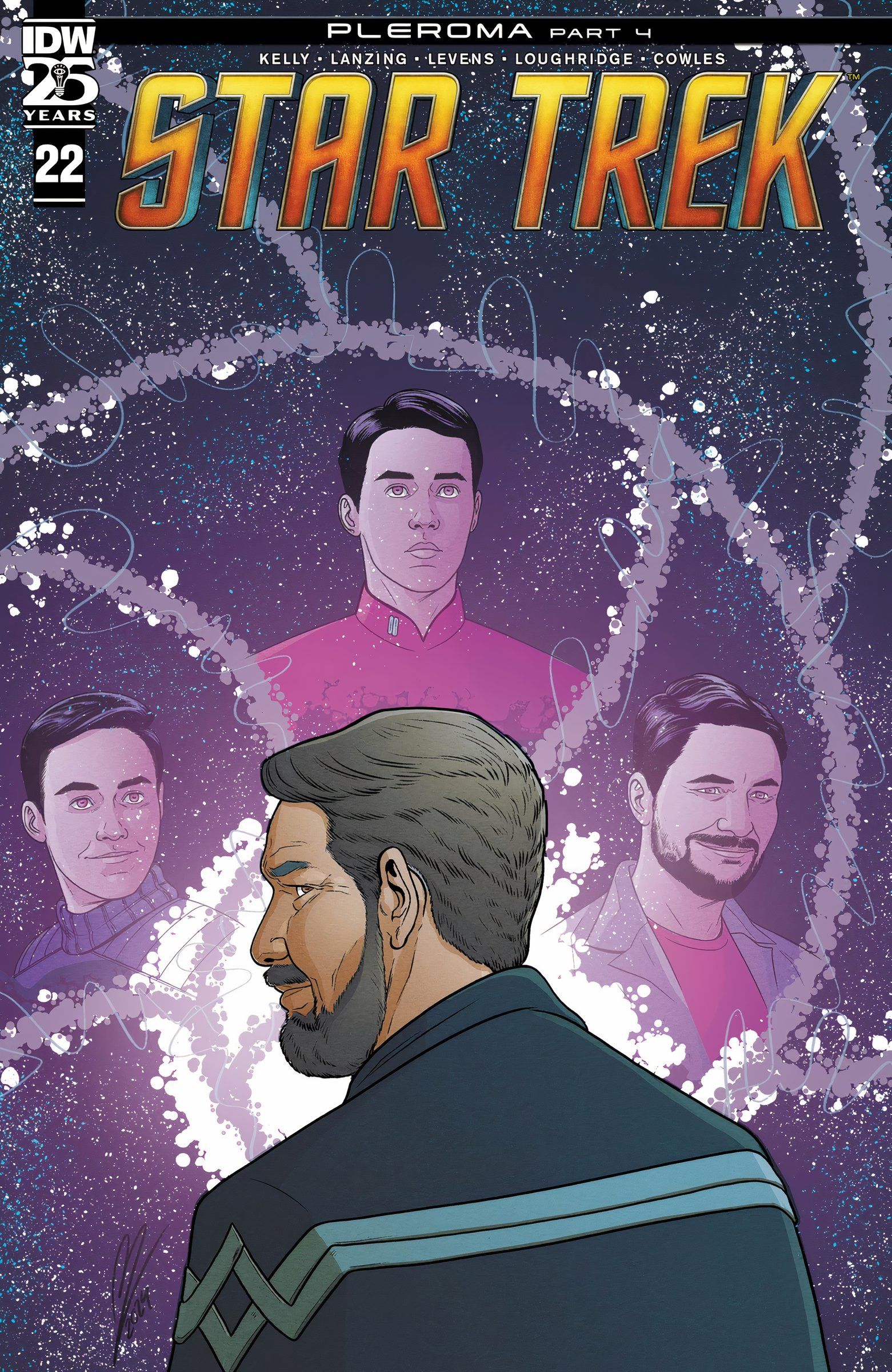 Star Trek #22, an aged looking Wesley Crusher stands in front of a cosmic swirl with images of his younger self.