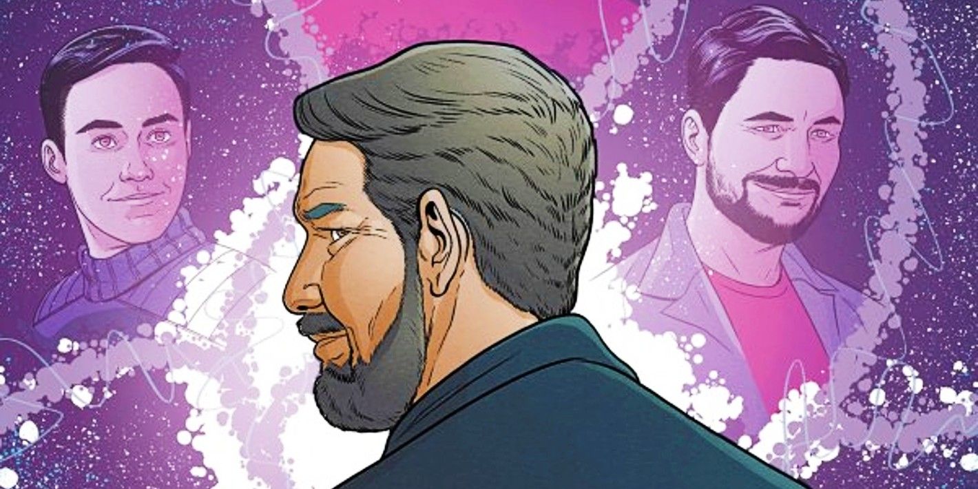 Star Trek, Wesley Crusher with his back to the reader, flanked by younger version of himself in a cosmic tapestry.