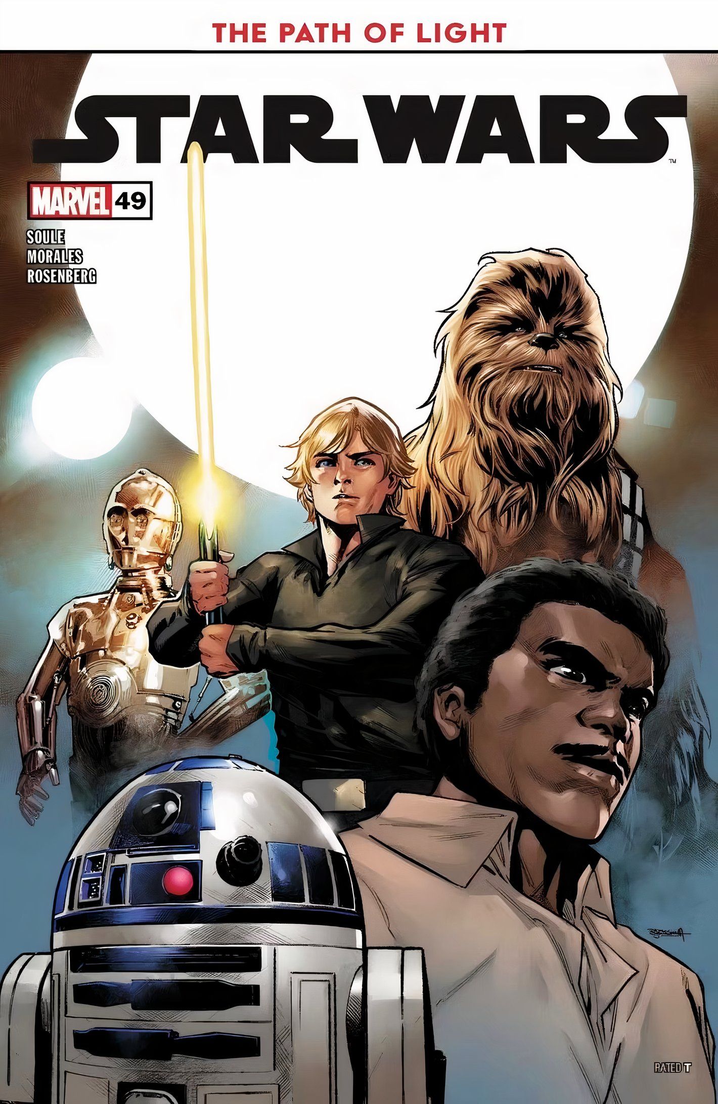 Capa de Star Wars # 49, Luke, Chewbacca, C-3PO, R2-D2 e Lando estão abaixo de um sol duplo.