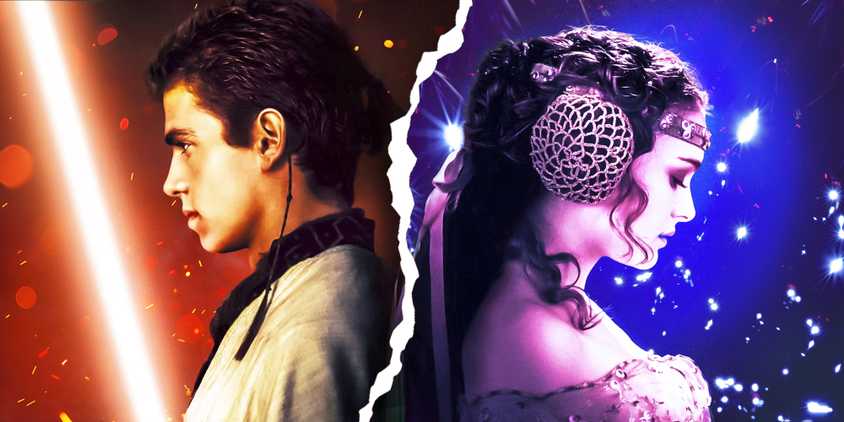 Anakin holding his red lightsaber with his Padawan braid showing to the left and Padme glancing down in front of a blue background to the right