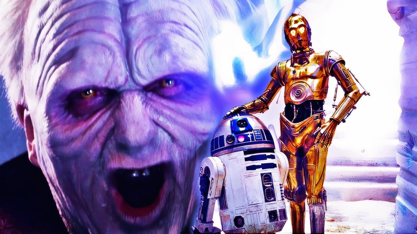 Star Wars' Emperor Palpatine screaming with R2-D2 and C-3PO in the foreground.