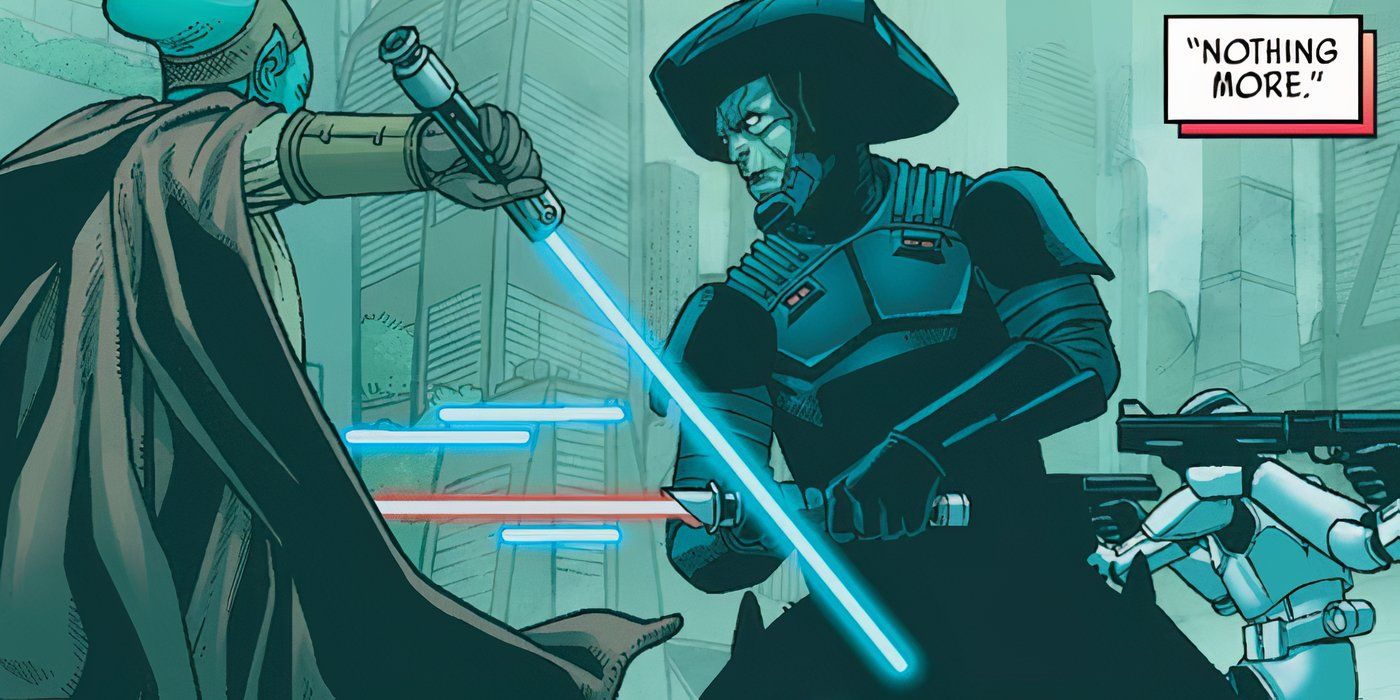 A Star Wars Inquisitor kills a Jedi Master