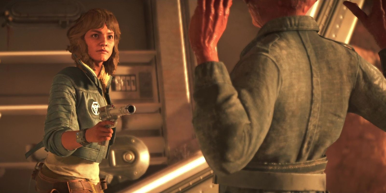 Kay in Star Wars Outlaws holding her Blaster that she uses for Adrenaline Rush