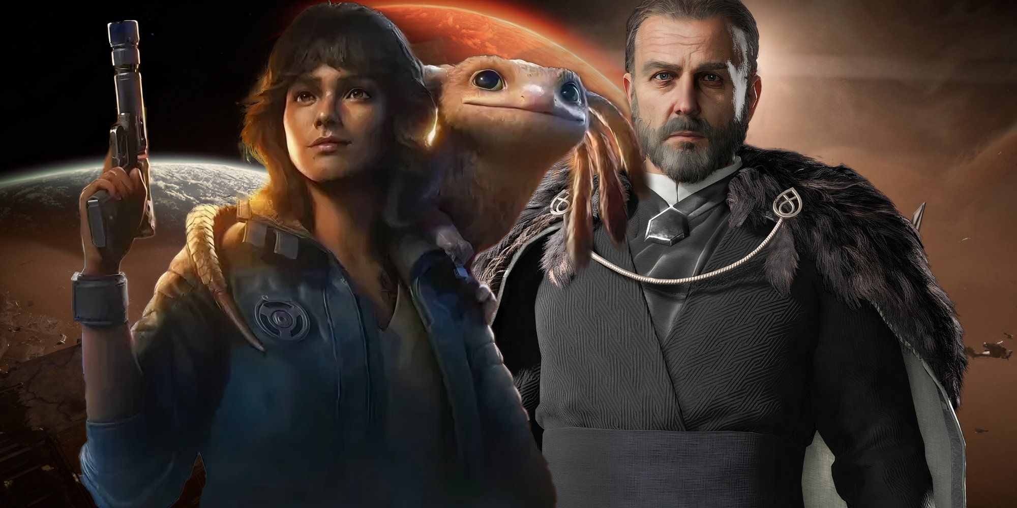 Star Wars Outlaws - Kay and Sliro with planets behind them