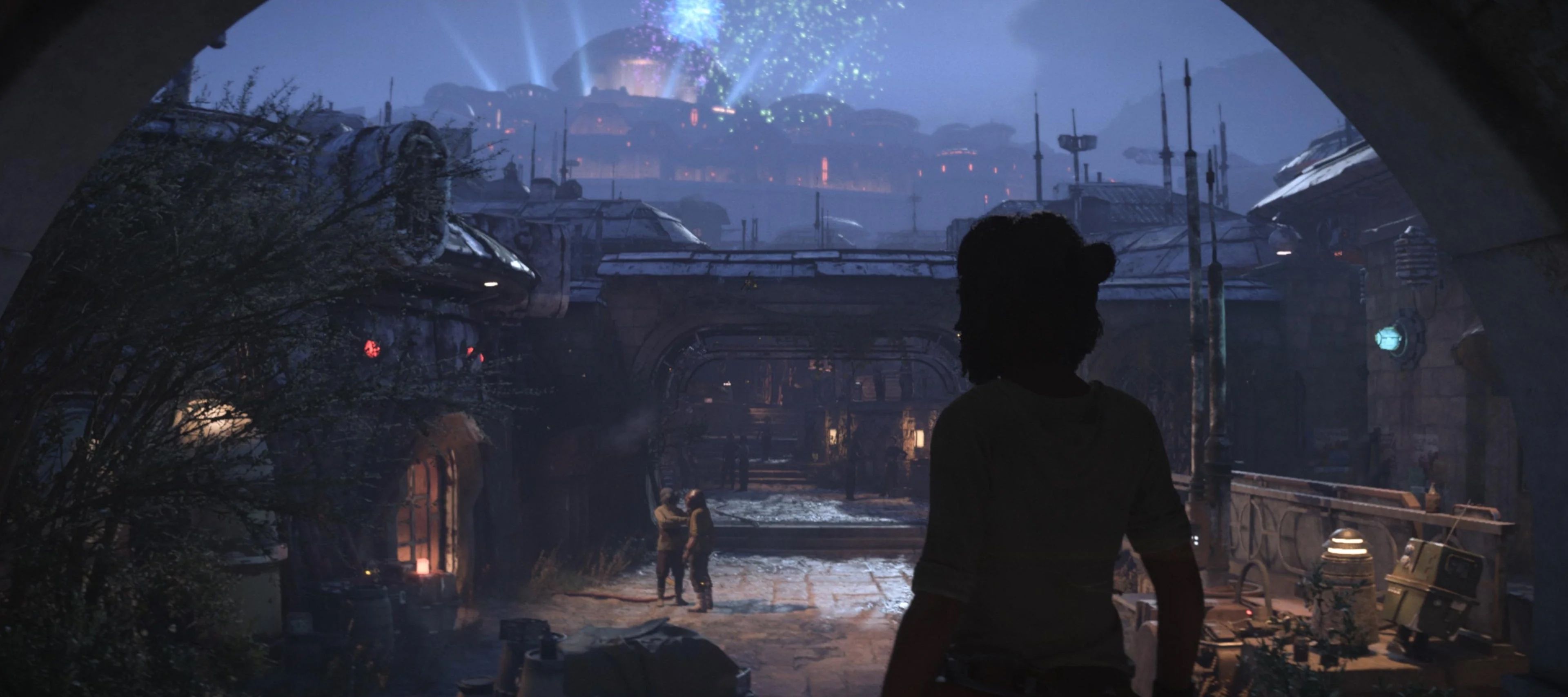 Star Wars Outlaws - Kay walking through Canto Bight with fireworks in the distance