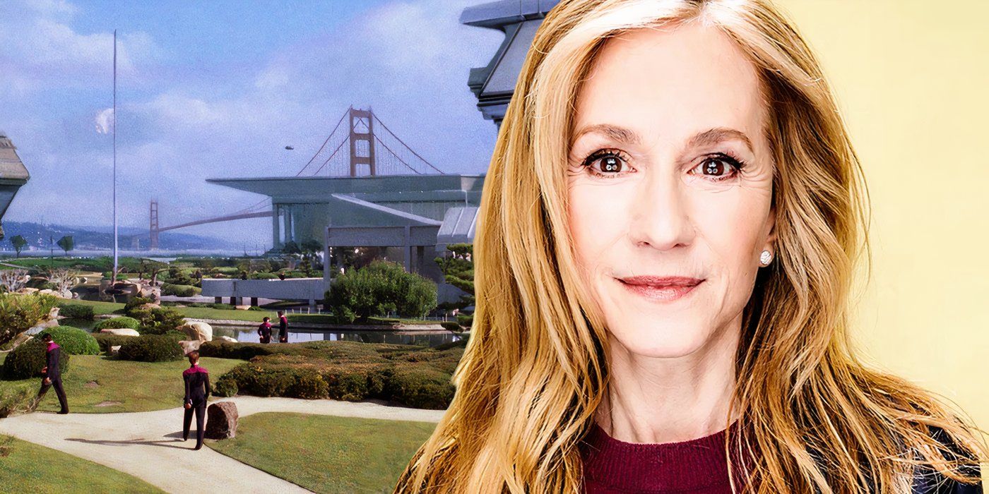 A composite image of Holly Hunter against a yellow backdrop in front of an exterior shot of Starfleet Academy from Star Trek: TNG