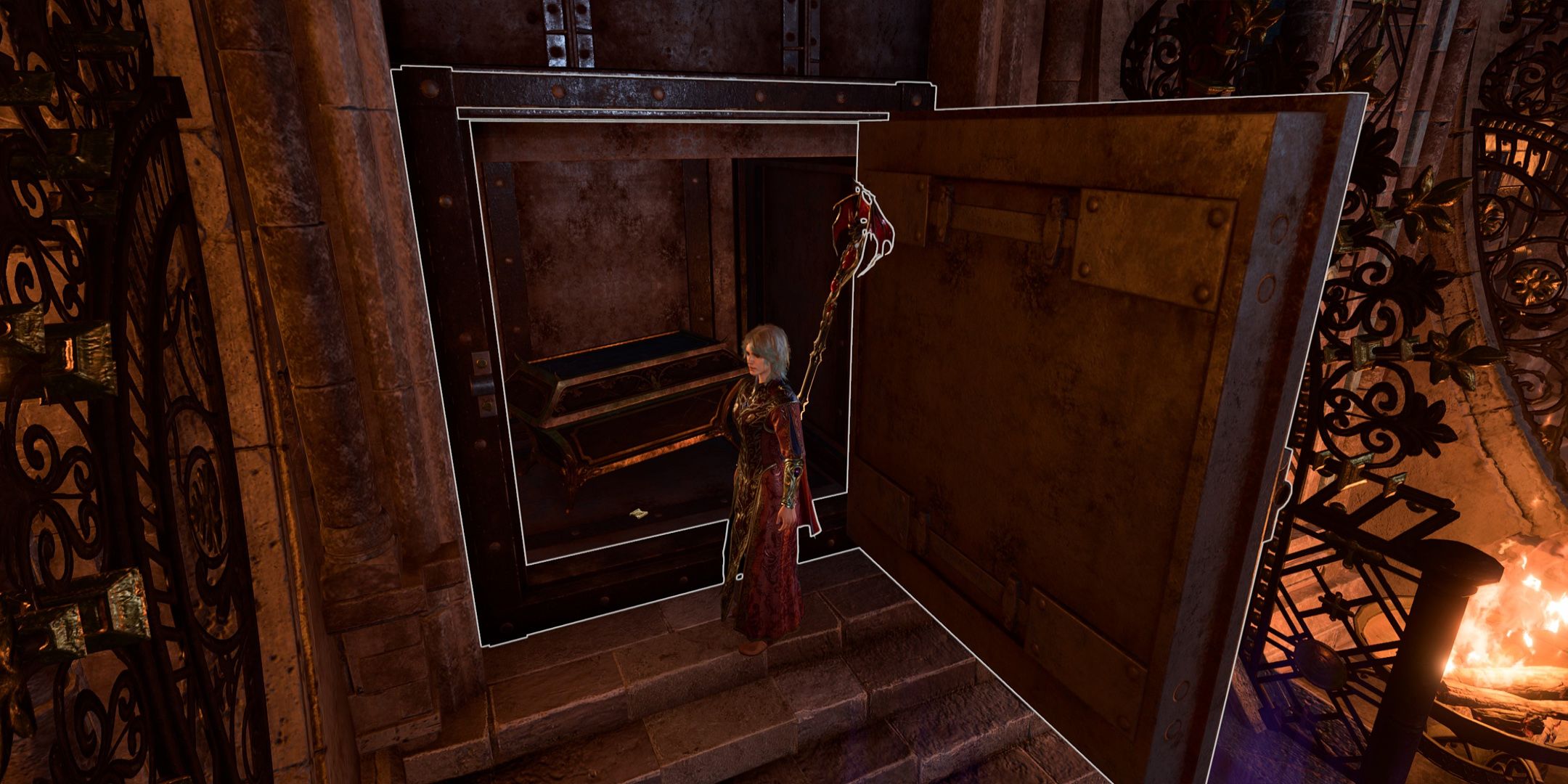 Um personagem personalizado de Baldur's Gate 3 do lado de fora de um cofre aberto na Counting House.