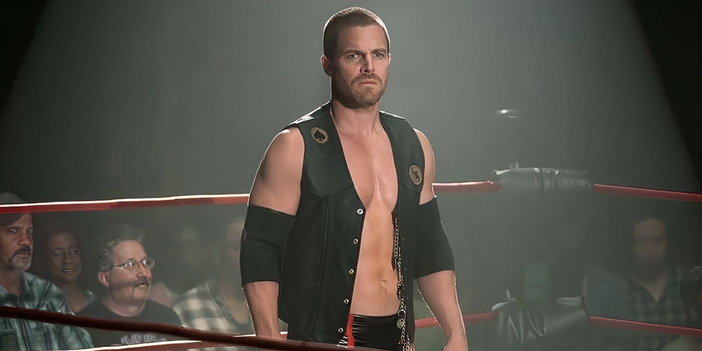 Stephen Amell looks upset in the ring in Heels