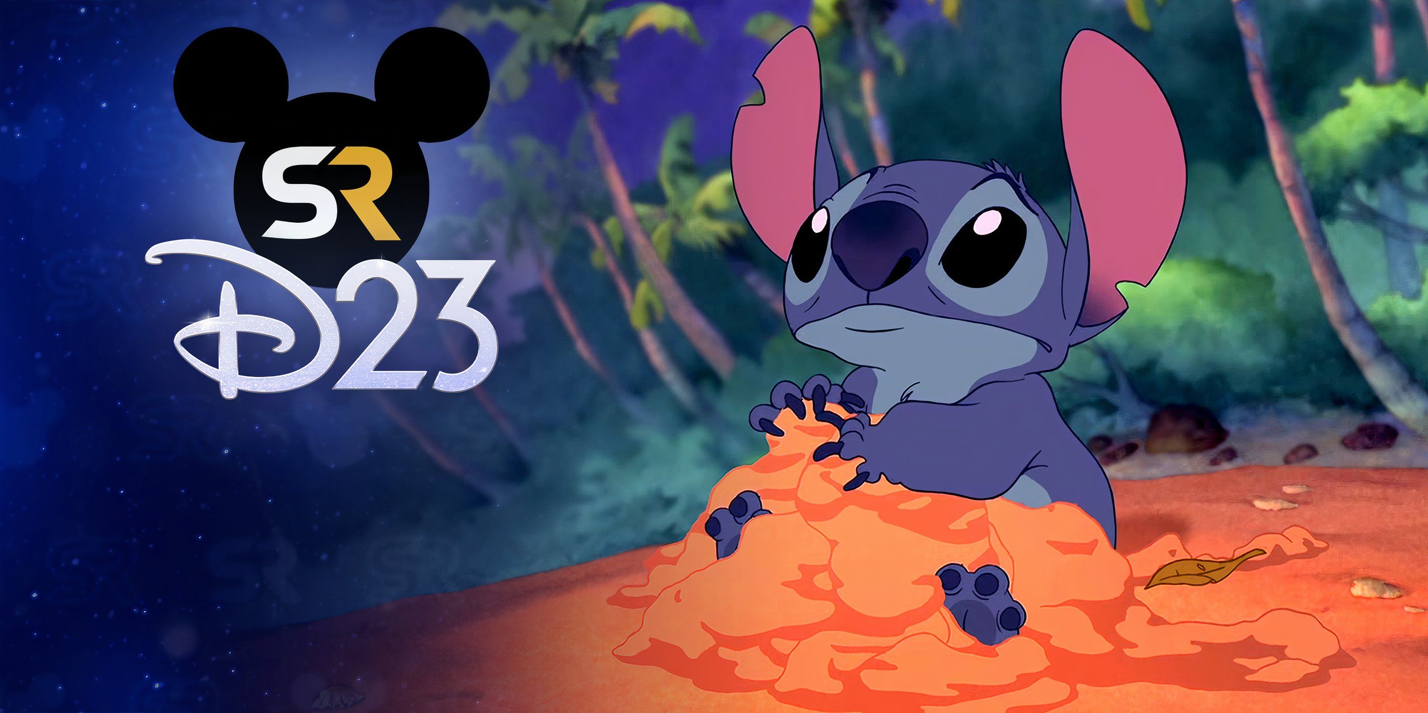 Stitch looking curiously while buried in sand in Lilo &amp; Stitch D23 header
