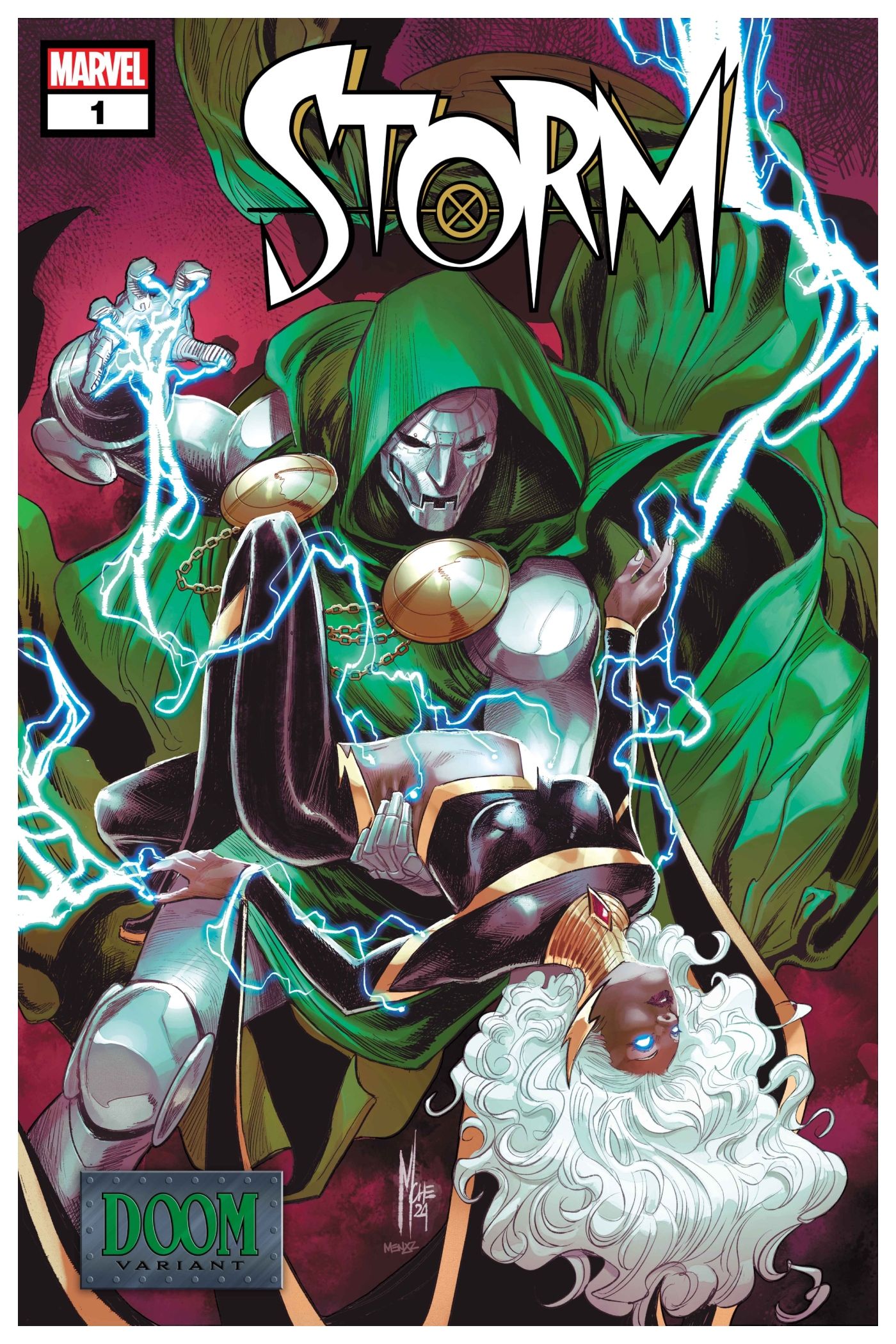 Capa da variante Storm #1, Doutor Destino drenando energia de Storm enquanto ele a mergulha no meio de uma dança.