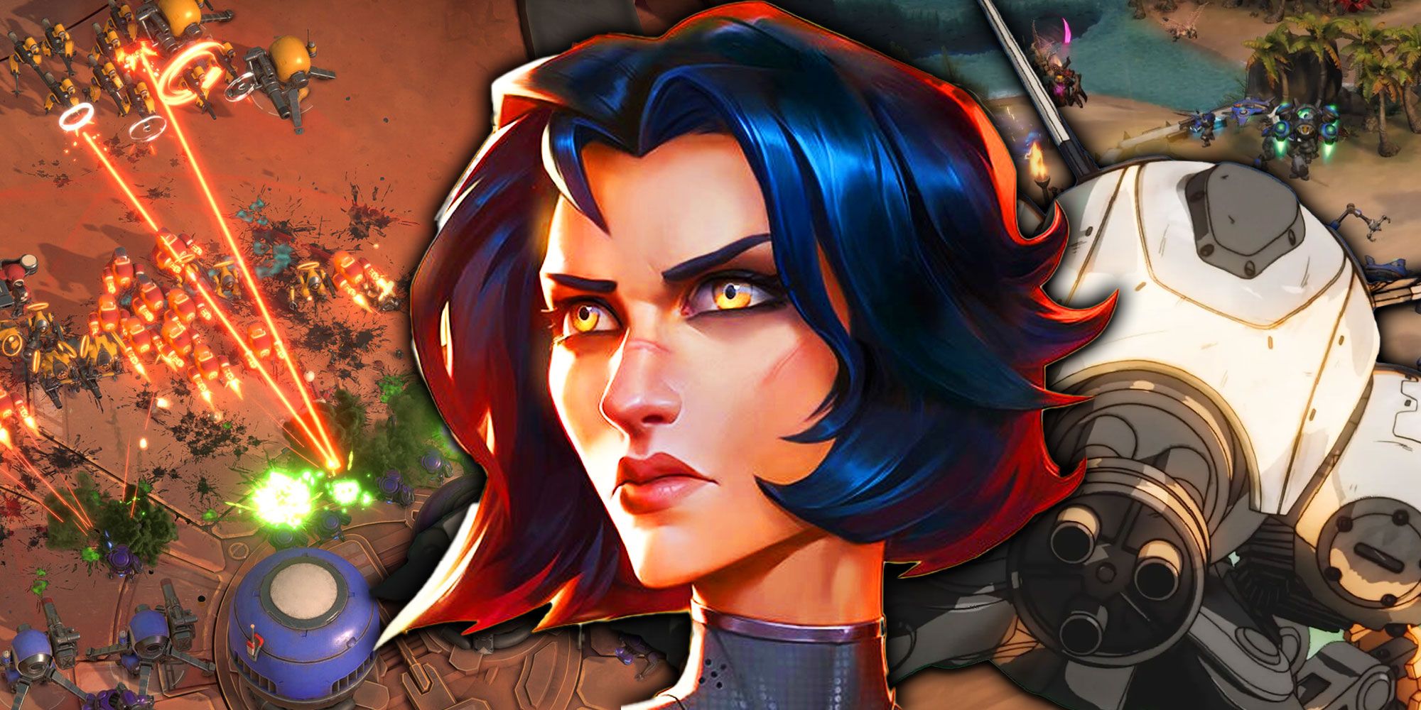 Girl from Stormgate with RTS strategy gameplay in the background.
