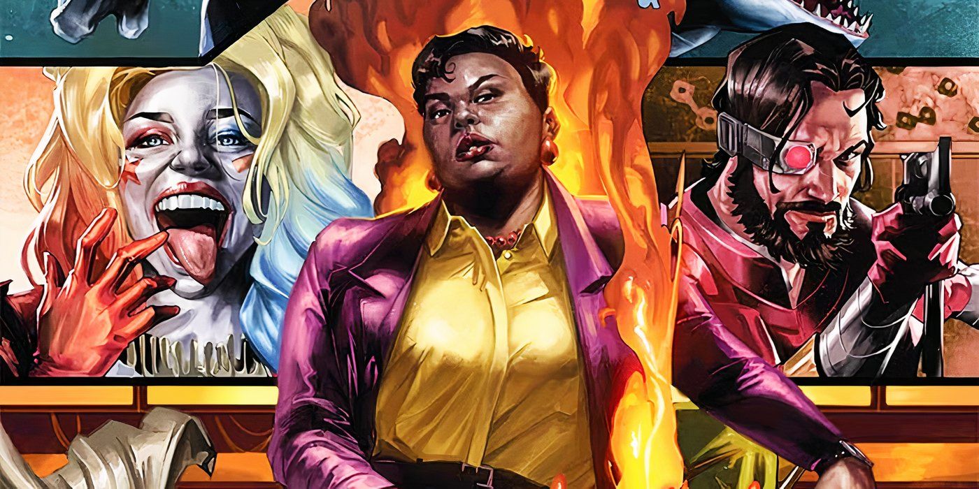 Amanda Waller stands flanked by Harley Quinn and Deadshot.
