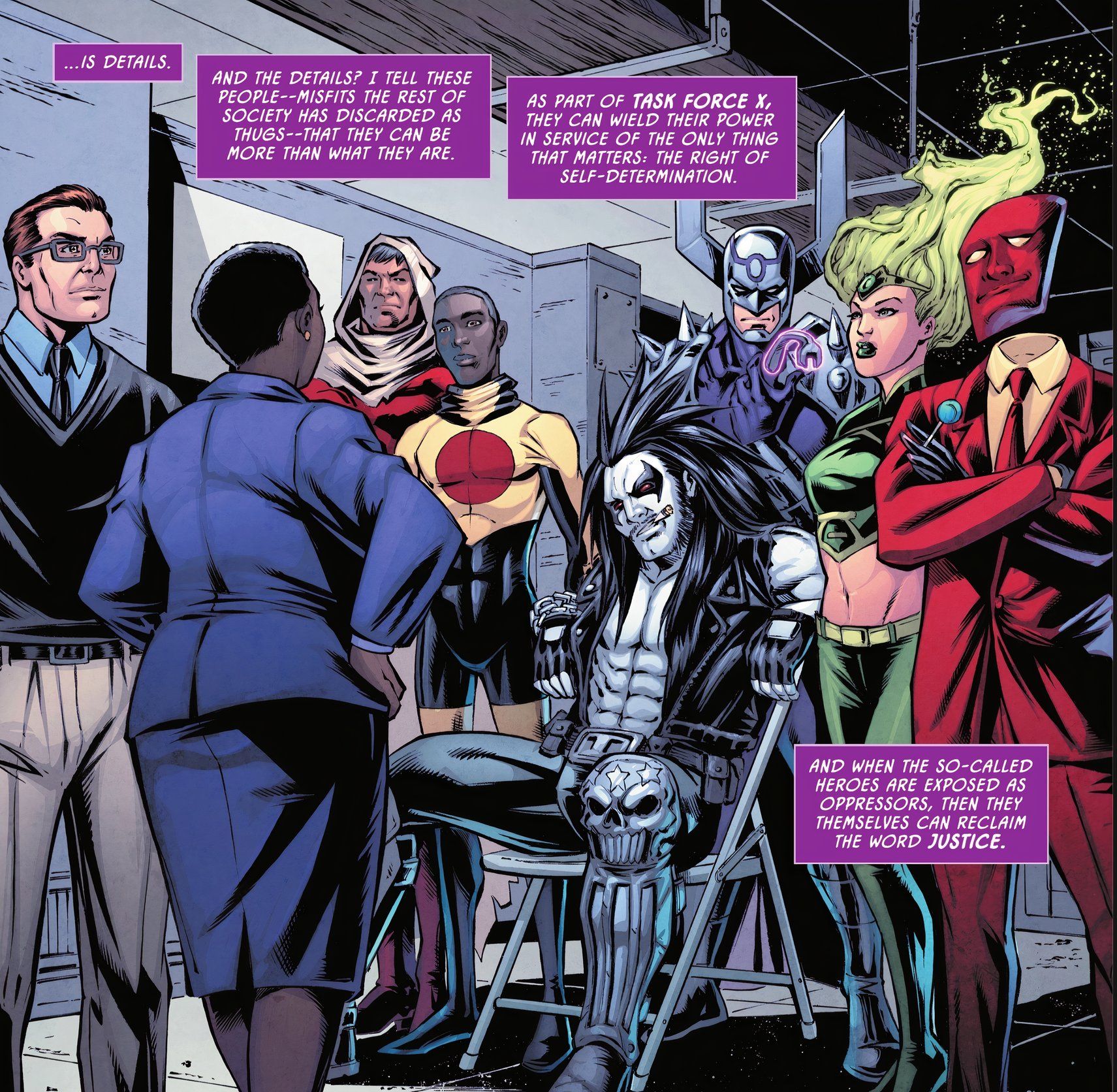 The first Task Force X receives their mission briefing from Amanda Waller.