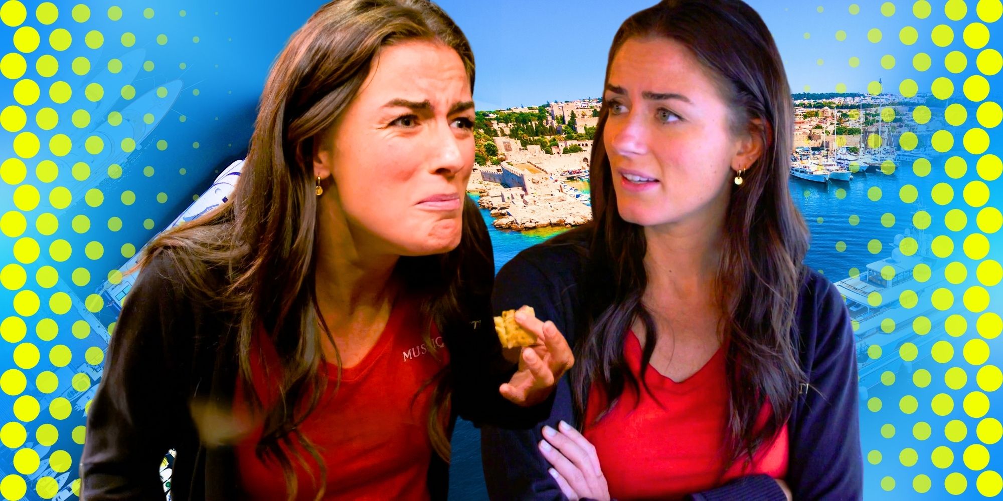 Below Deck's Aesha Scott in a montage of her looking concerned on the right and disgusted on the left.