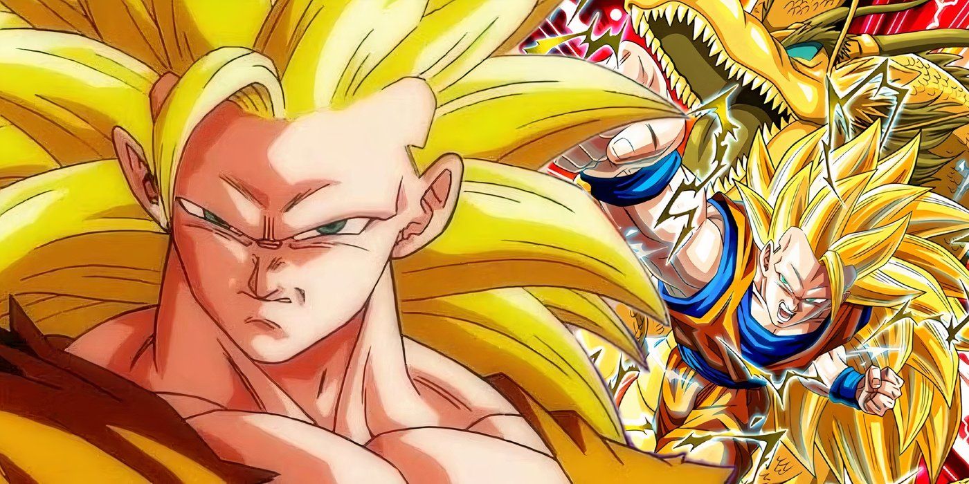 Super Saiyan 3 Goku mean mugging to the left and Dragon Fist punching to the right