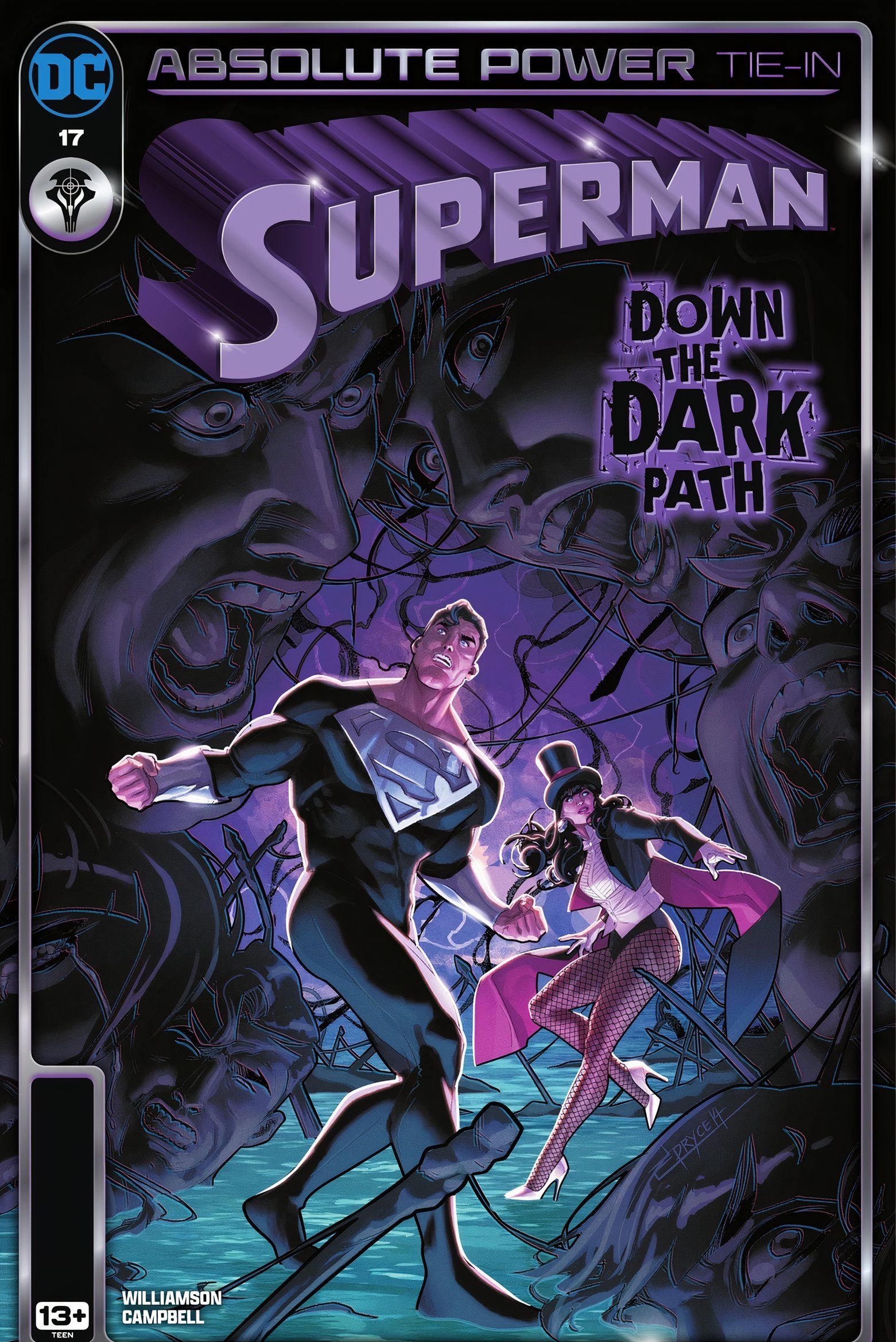 Cover von Superman Nr. 17: Superman und Zatanna gehen einen leuchtend violetten Pfad, während schreiende Gesichter aus der Dunkelheit auftauchen.