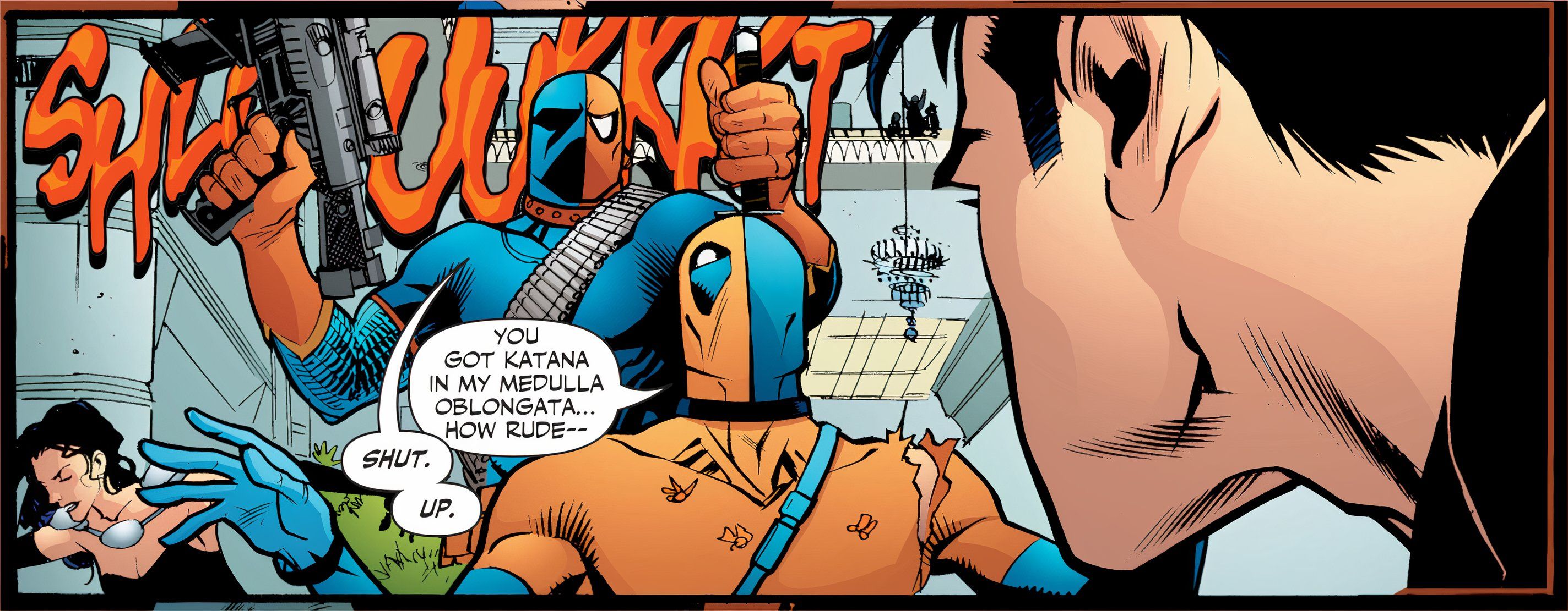 Comic panels: Deathstroke stabs DC's Deadpool in the head