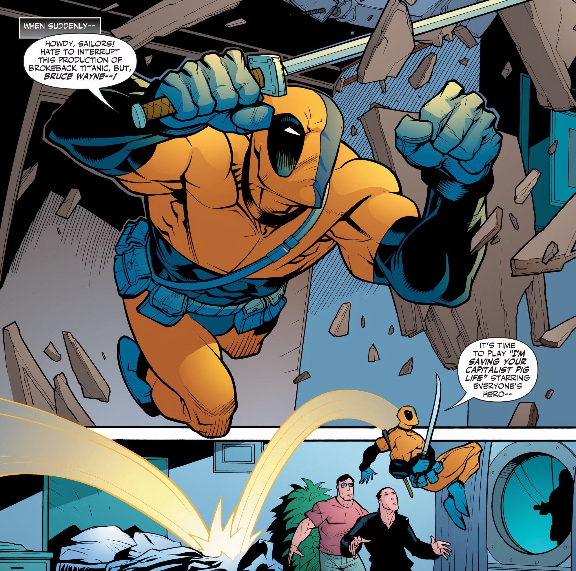 Comic Panels: The Antimatter Deathstroke leaps forward in a Deadpool-like costume.