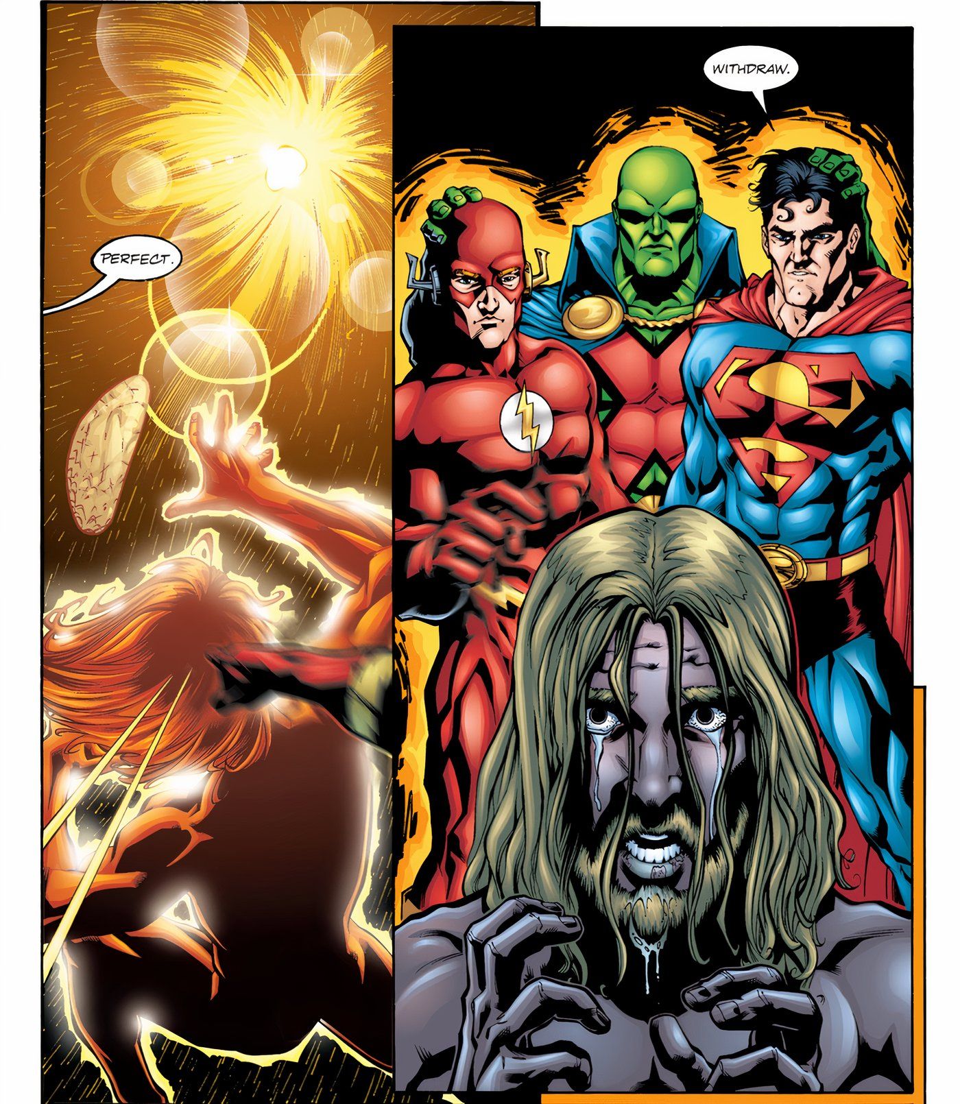 Painéis de quadrinhos: Flash, Martain Manhunter e Superman realizam uma cirurgia cerebral carrancudos.