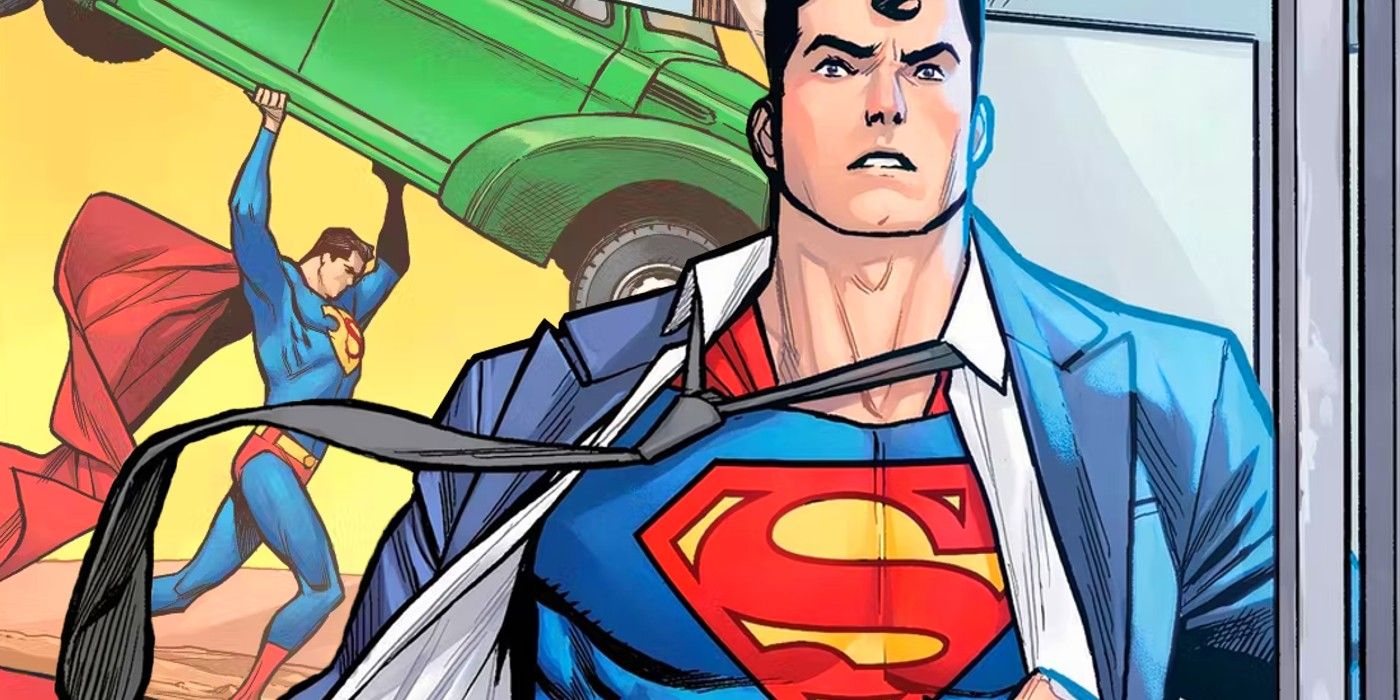 Arte del cómic: Clark Kent se pone su equipo de Superman en la primera escena mientras levanta un automóvil en el fondo.