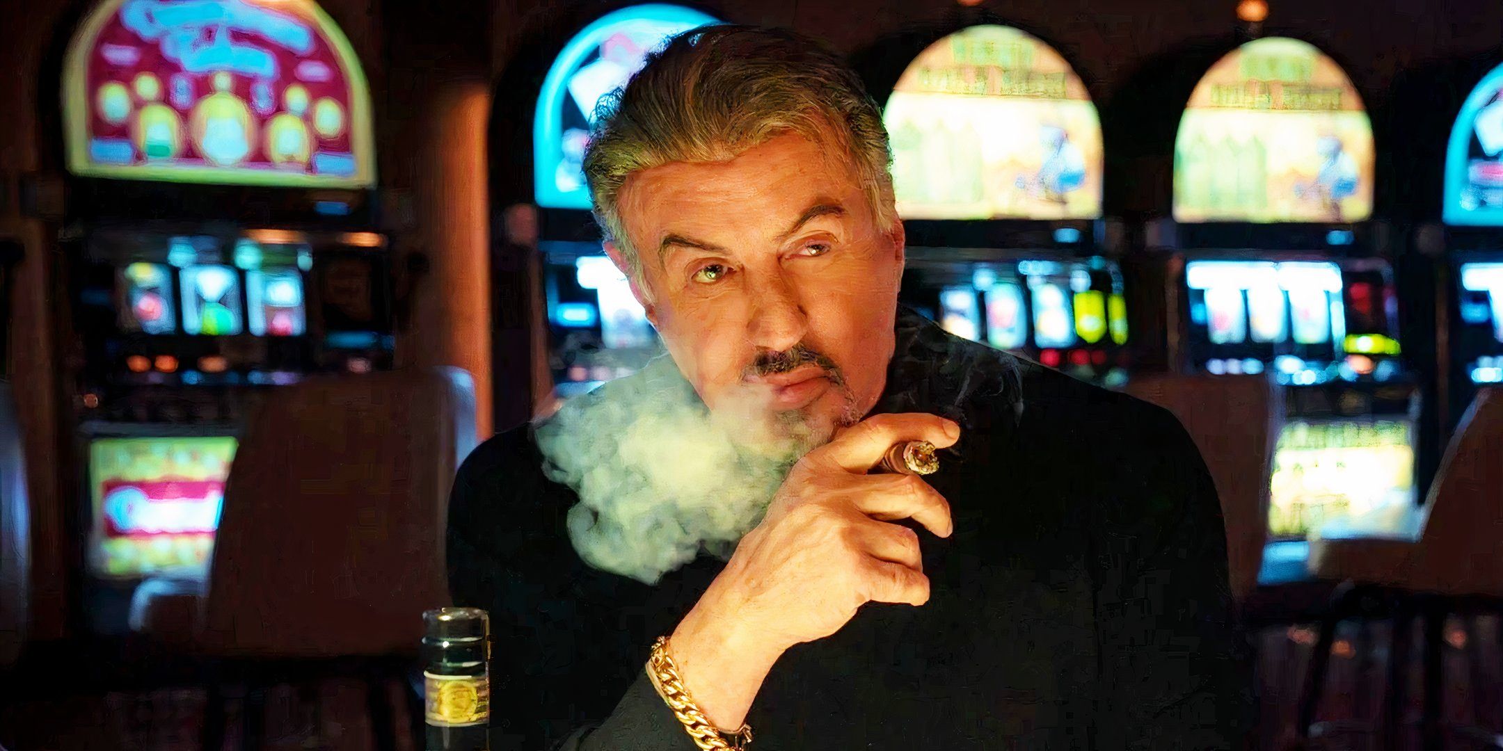 Sylvester Stallone as Dwight Manfredi, who smokes cigars in the casino in Tulsa King season 2