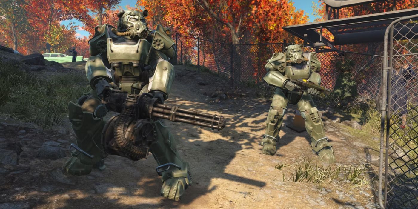 Player and NPC armed with miniguns, while wearing the T60 Power Armor set in Fallout 4.