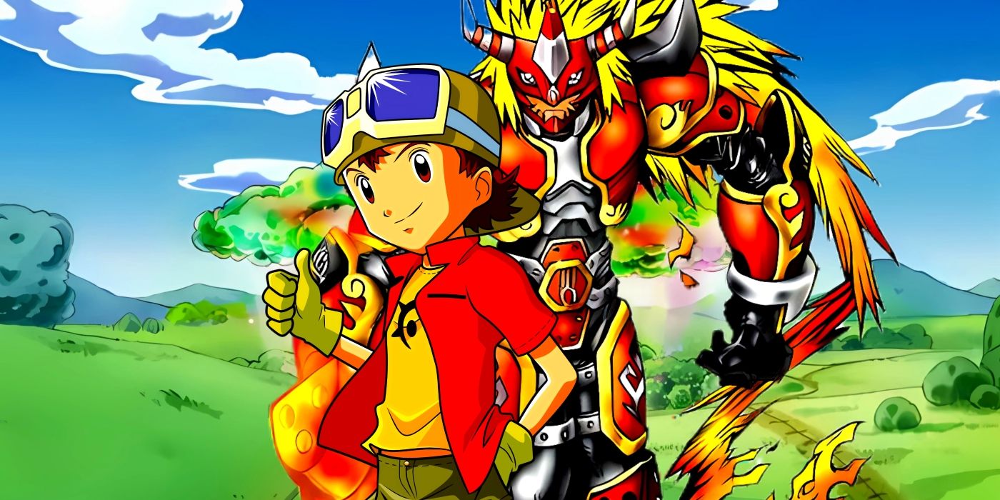 Takuya smiling and holding a thumb up, while Agunimon walks behind them. They are both in front of a background of the Digital World. 