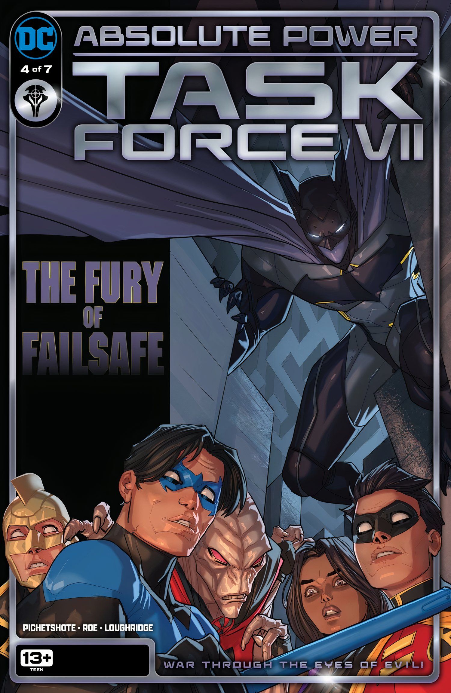 Força-Tarefa VII 4 Cover Failsafe pairando sobre Ray Nightwing Miss Martian Voodoo e Tim Drake Robin DC