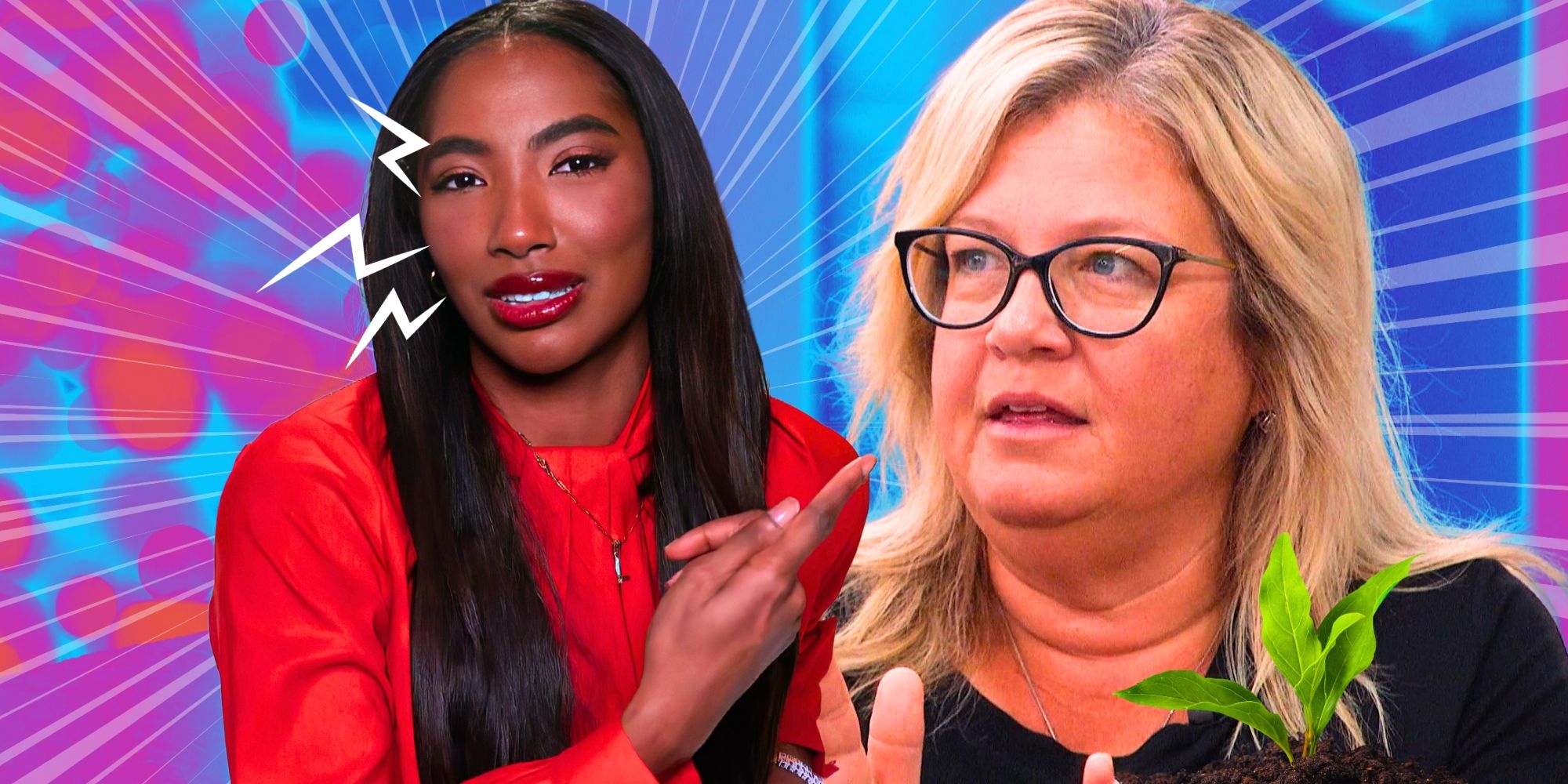 An exasperated Taylor Hale points at Big Brother’s Angela Murray, looking unsure.