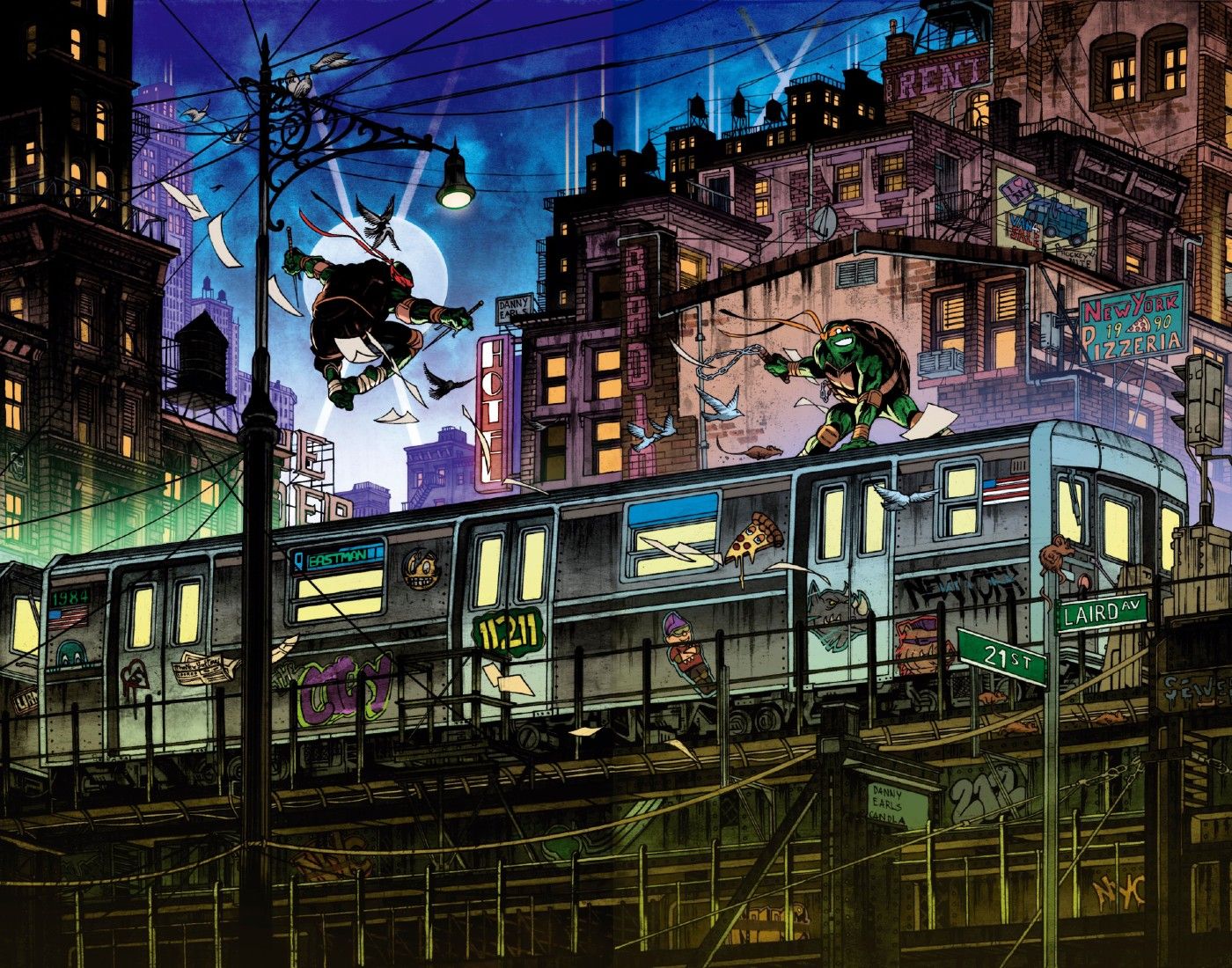 Teenage Mutant Ninja Turtles #1 e #2 capas variantes de Michelangelo e Rafael saltando pela cidade de Nova York