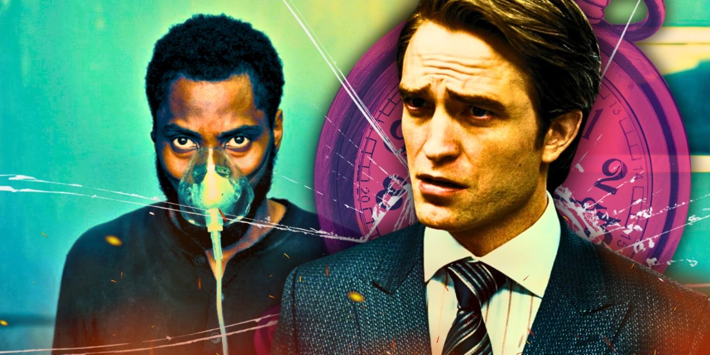 An SR custom image showing Robert Pattinson and John David Washington in Tenet, with imagery of a clock behind them