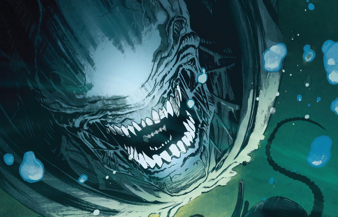 Close up of Alien's Xenomorph face swimming through the water.