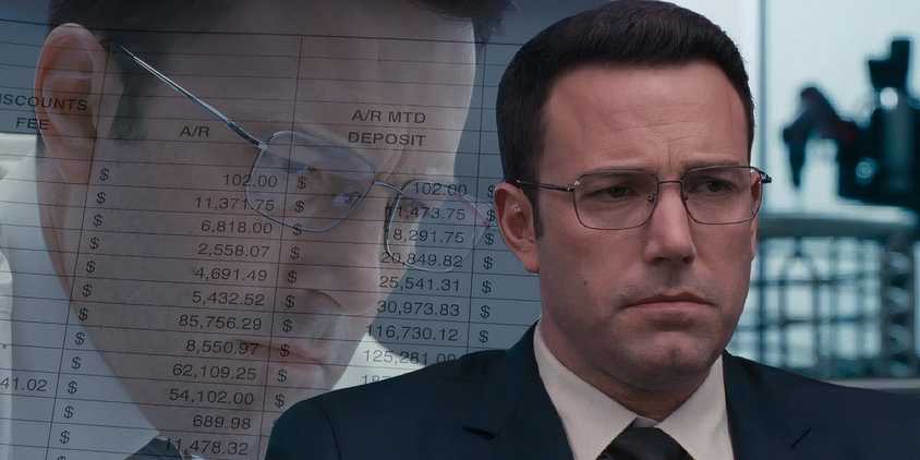 A composite image of Ben Affleck looking on sadly in front of Affleck's face blended into an account sheet in the Accountant