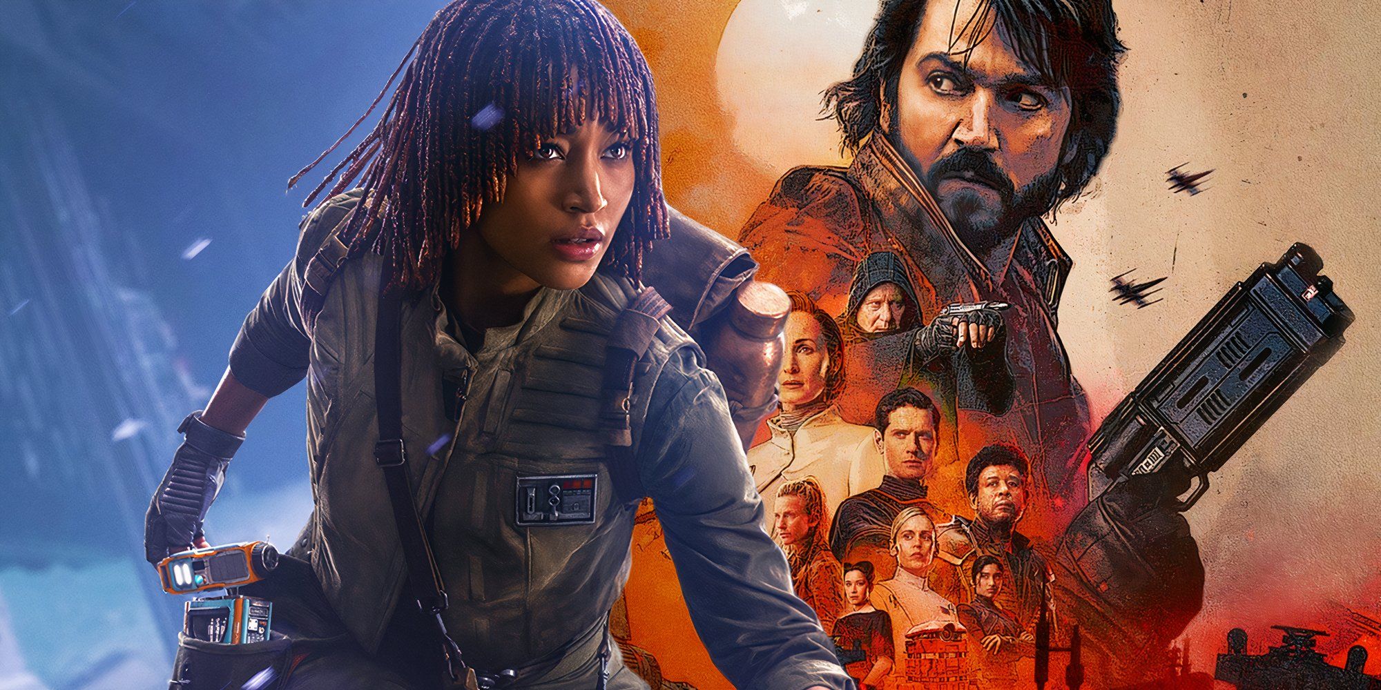 Amandla Stenberg as Osha in her character poster for The Acolyte (2024) next to the poster for Andor season 1 (2022)