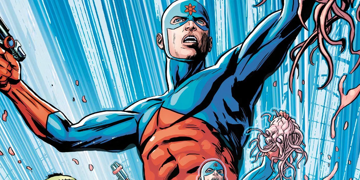 Comic book art: he Atom holds a monster&rsquo;s head