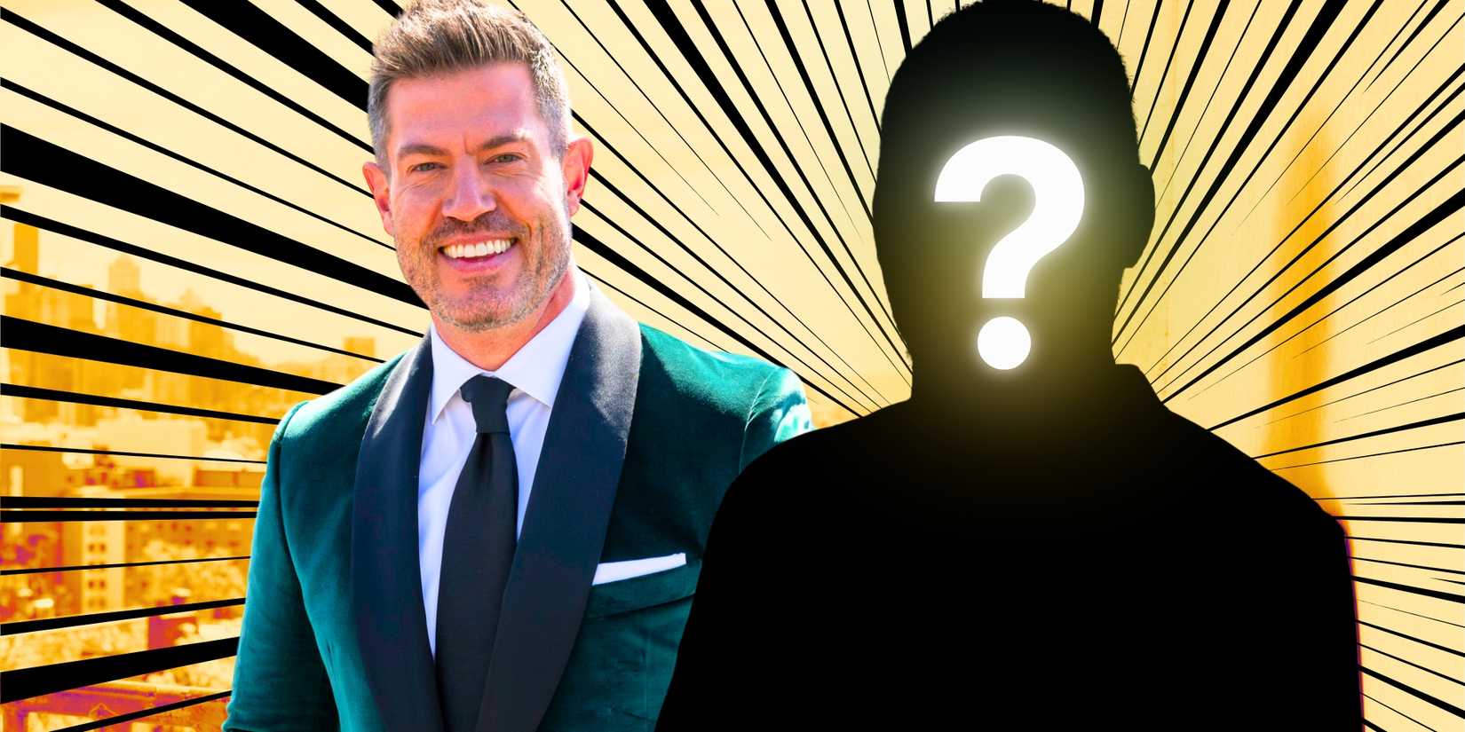 The Bachelor host Jesse Palmer smiles in a green suit next to a mystery figure.