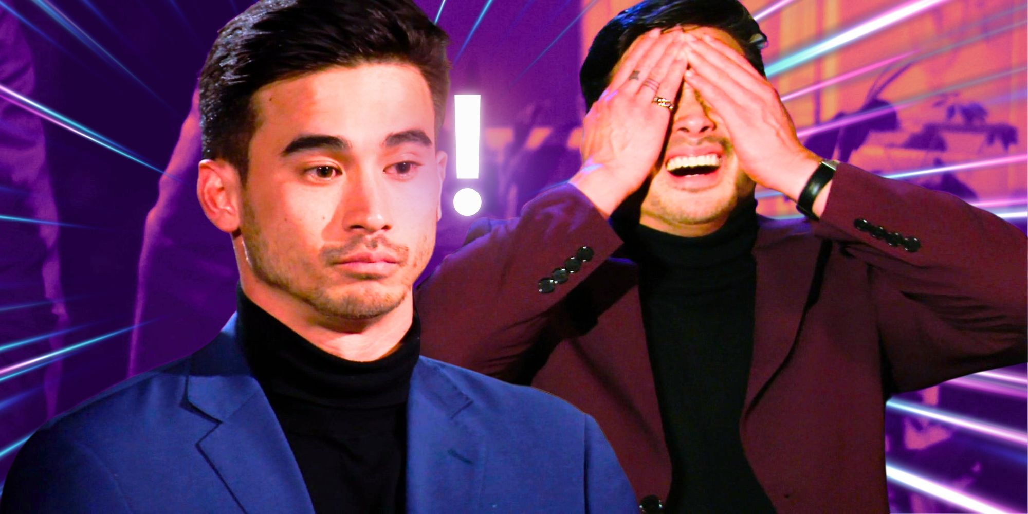 The Bachelorette Thomas Nguyen looks serious and covers his eyes in a montage image.