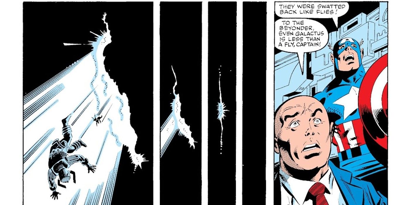 O Beyonder ataca Galactus enquanto o Capitão América e o Professor X Charles Xavier parecem em choque em Secret Wars #1