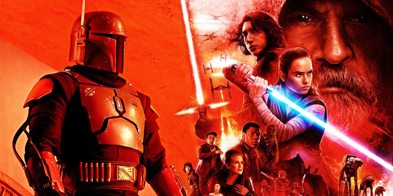 Boba Fett in The Book of Boba Fett alongside a poster for Star Wars: The Last Jedi. The image is orange-tinted