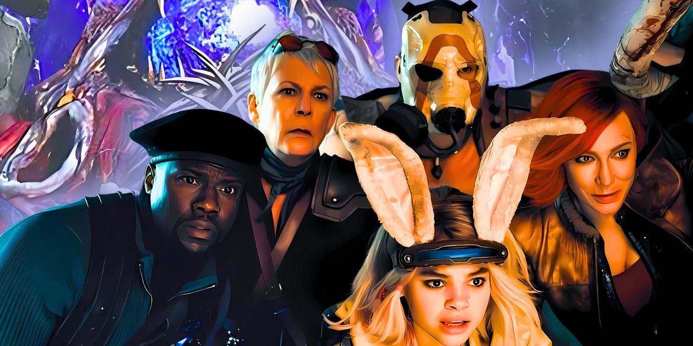 El elenco de Borderlands, incluidos Kevin Hart, Jamie Lee Curtis, Ariana Greenblatt y Cate Blanchett, fuera de la película. 