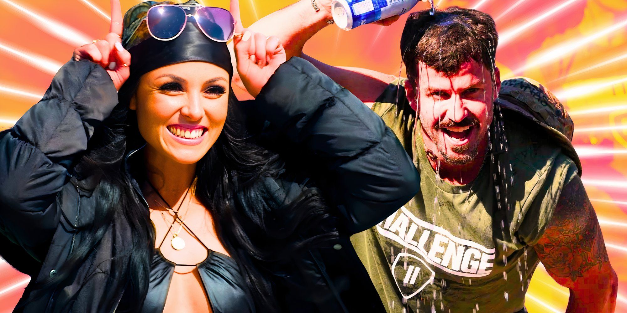 the challenge stars pauly and cara maria in a montage with him pouring water in head and her smiling